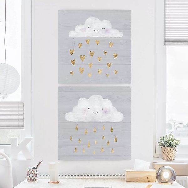 2-teiliges Leinwandbild Kinderzimmer - Quadrat Wolken mit goldenen Herzen u günstig online kaufen
