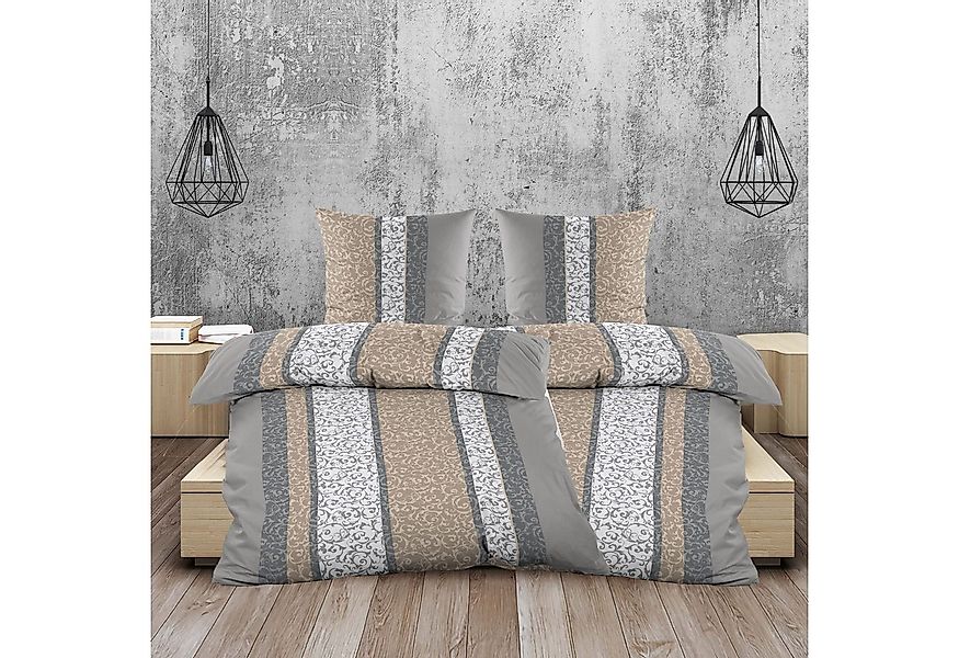 Casa Colori Bettwäsche Biber 135x200cm Grau Beige gestreift Schnörkelmuster günstig online kaufen