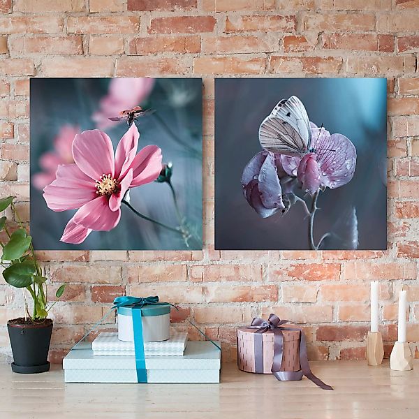 2-teiliges Leinwandbild Blumen - Quadrat Schmetterling und Marienkäfer auf günstig online kaufen