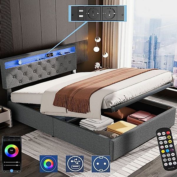 oyajia Polsterbett Doppelbett mit LED Licht 140x200cm,Hydraulisch anhebbare günstig online kaufen