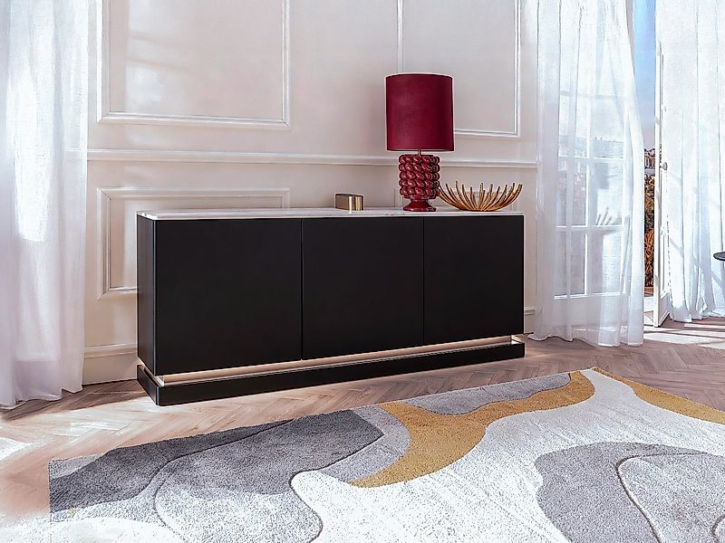 Sideboard mit 3 Türen - Mit LED-Beleuchtung - MDF - Schwarz & weiße Marmor- günstig online kaufen
