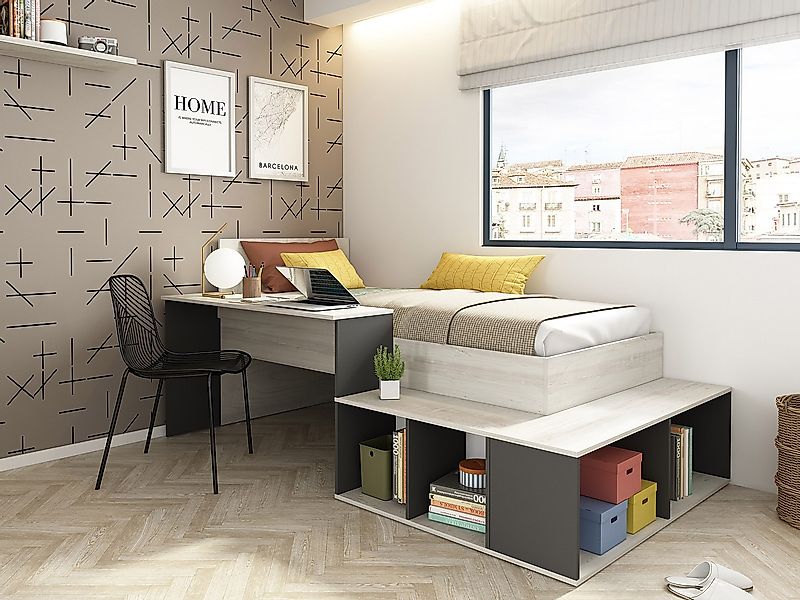 Kombi-Bett mit Stauraum & Schreibtisch - 90 x 200 cm - Holzfarben & Anthraz günstig online kaufen