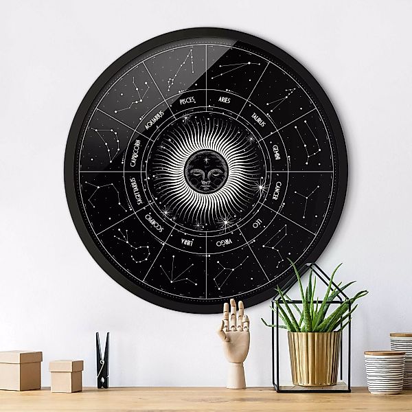 Rundes Gerahmtes Bild Astrologie Sternzeichen im Sonnenkreis Schwarz günstig online kaufen
