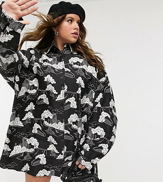 COLLUSION Plus – Exclusive – Mini-Hemdkleid aus Twill mit Skatepark-Print-B günstig online kaufen