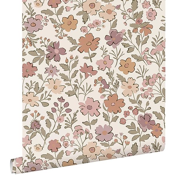 ESTAhome Tapete Blumen Aubergineviolett Graugrün und Terrakotta 53 cm x 10. günstig online kaufen