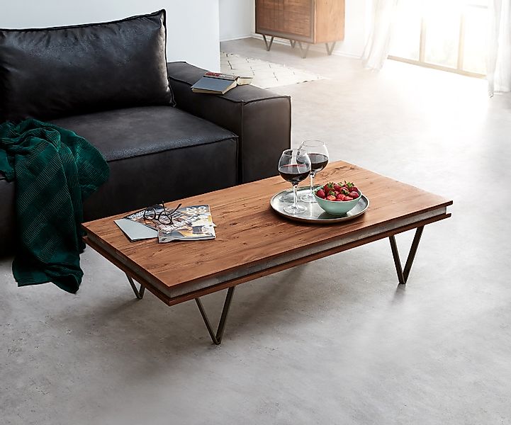 Couchtisch Stonegrace 117x60 cm Akazie Braun Schiefer V-Fuß Schwarz günstig online kaufen