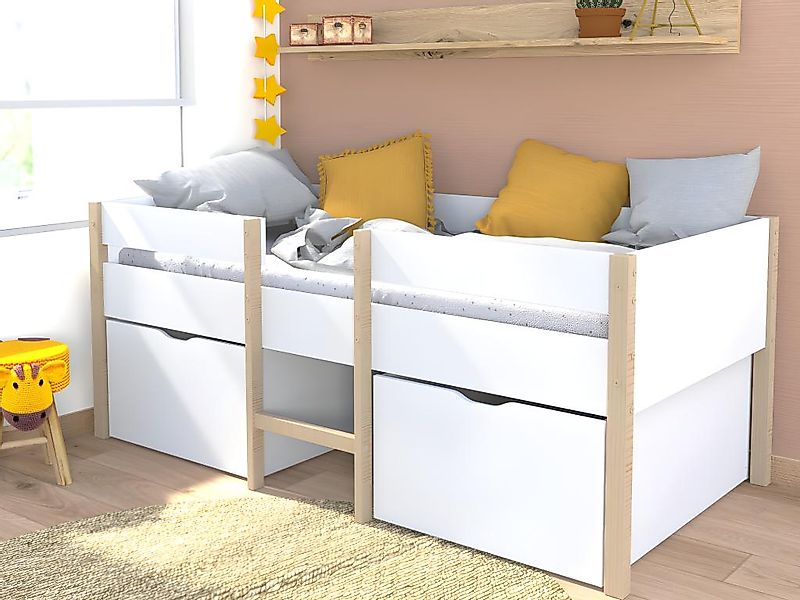 Halbhochbett mit 2 Schubladen - 90 x 190 cm - Weiß & Eiche - SISSY günstig online kaufen