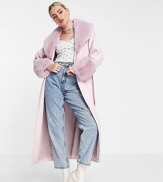 Reclaimed Vintage Inspired – Lang geschnittener Trenchcoat in rosa Lederopt günstig online kaufen