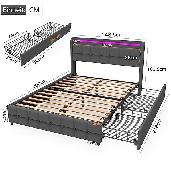 LETGOSPT Polsterbett Doppelbett 140x200cm mit LED 16Farboptionen,Polsterbet günstig online kaufen