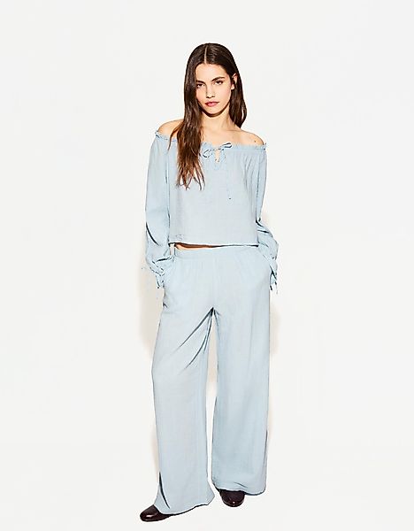 Bershka Bluse Mit Fallender Schulternaht Und Schnürung Damen Xl Hellblau günstig online kaufen