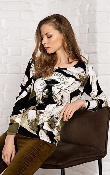 Passioni Strickpullover mit Blumenprint und Strassdetails günstig online kaufen