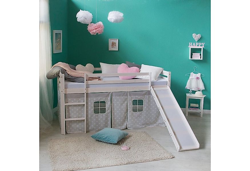 Homestyle4u Hochbett 90x200 Weiß mit Vorhang Sterne Grau für 1 Kind Kiefer günstig online kaufen