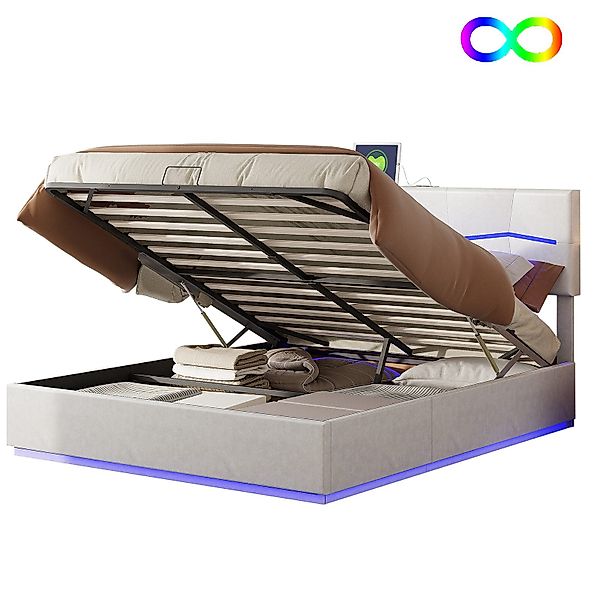 FUROKOY Boxspringbett 140x200cm LED Doppelbett Stauraumbett günstig online kaufen