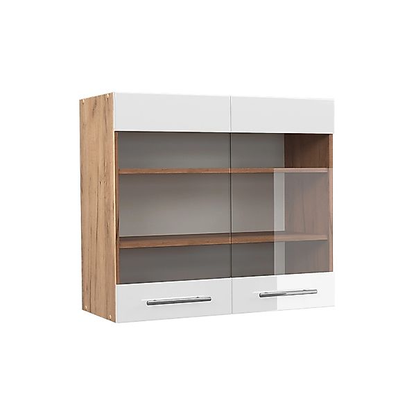 Vicco Küchenglasschrank Fame-Line Weiß Hochglanz/Goldkraft Eiche 80 cm günstig online kaufen