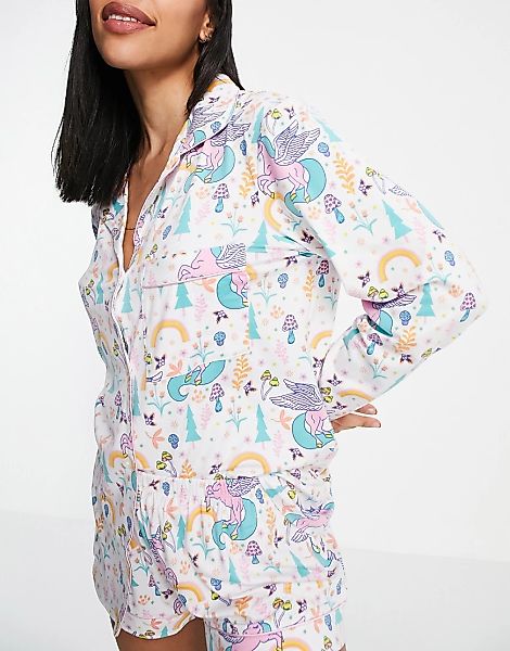 Chelsea Peers – Pyjama mit Shirt und Shorts mit buntem Einhorn-Print-Weiß günstig online kaufen