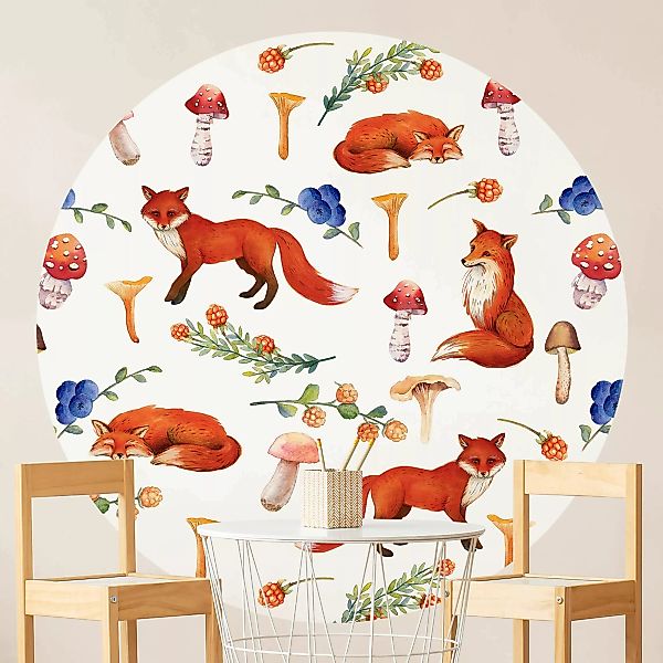 Bilderwelten Runde Tapete selbstklebend Fuchs mit Pilzen Illustration rot G günstig online kaufen