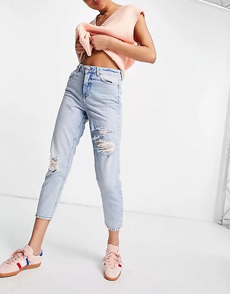New Look – Zerrissene Mom-Jeans in Hellblau günstig online kaufen