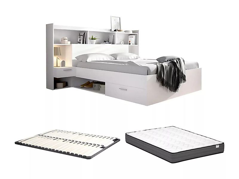 Bett mit Stauraum & integrierten Nachttischen + Lattenrost + Matratze - 140 günstig online kaufen