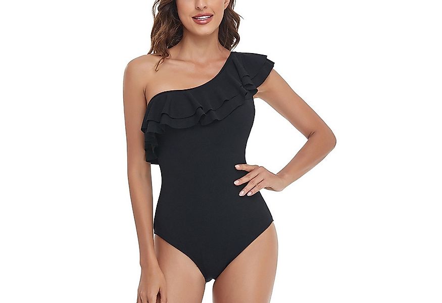 GARRYFIZH Badeanzug Damen Badeanzug One-Shoulder Rüschen Figurformend Schwa günstig online kaufen