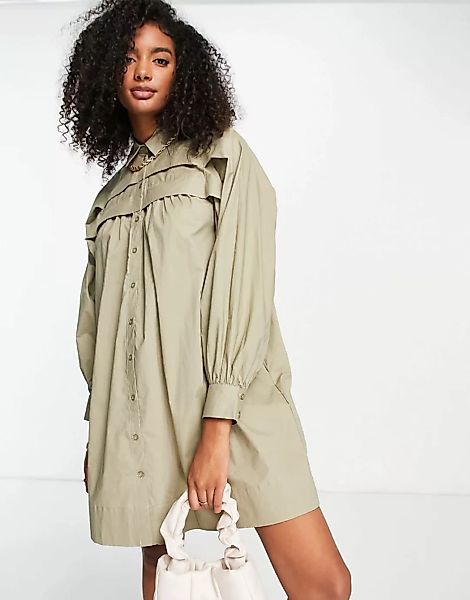 Mango – Hemdkleid mit Knopfleiste vorne in Khaki-Grün günstig online kaufen