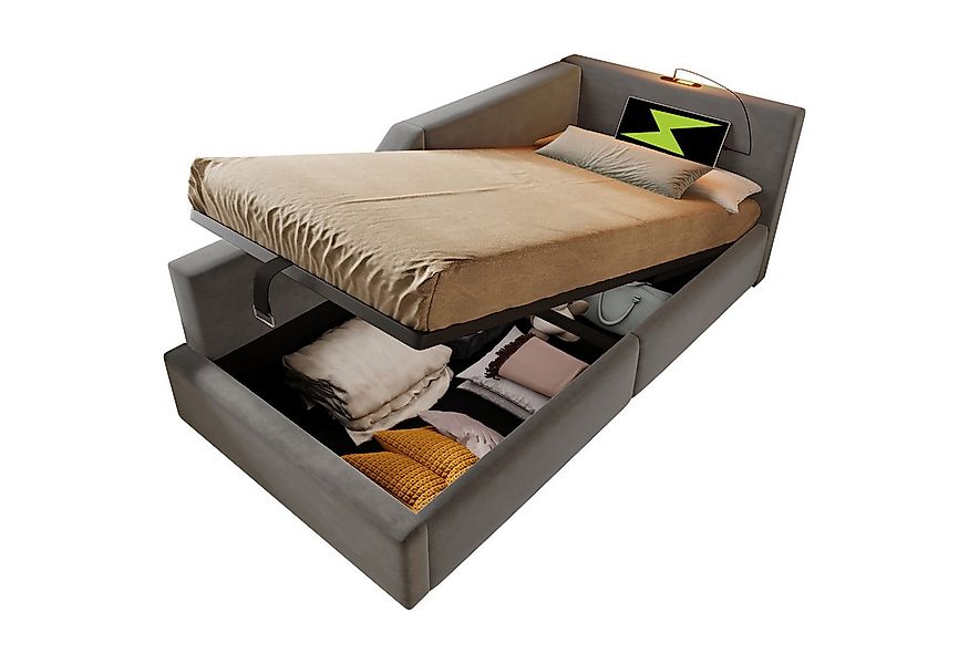 Flieks Polsterbett, Daybett 90x190cm mit hydraulischem Stauraum Leselicht L günstig online kaufen
