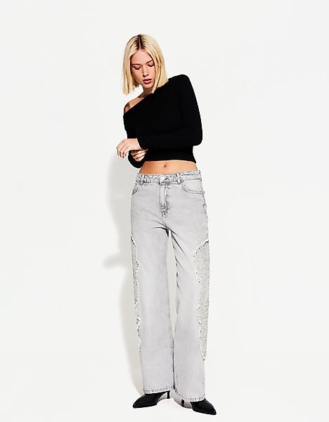 Bershka Baggy-Jeans Mit Stickerei Damen 10-12 Dunkelgrau günstig online kaufen