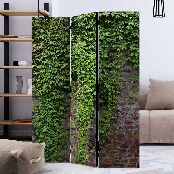 Paravent in Grün und Ziegel Rot Mauer mit Efeu günstig online kaufen