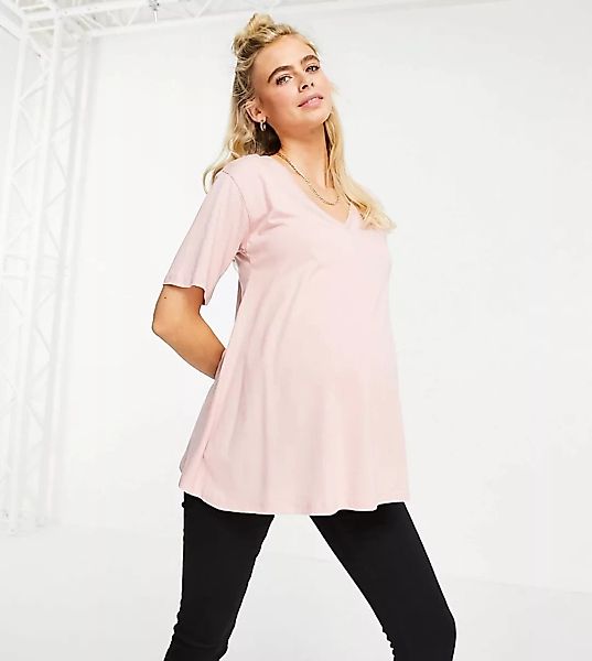 ASOS DESIGN Maternity – Ausgestelltes T-Shirt mit V-Ausschnitt in Rosé-Rosa günstig online kaufen