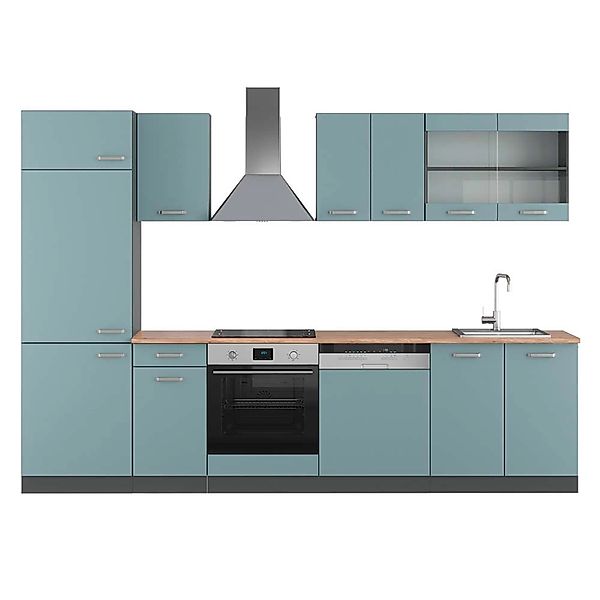 Vicco R-Line Küchenzeile Blau-Grau/Anthrazit 300 cm AP Eiche ohne E-Geräte günstig online kaufen