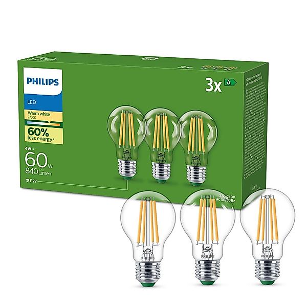 Philips E27 LED-Lampe A60 4W 840lm 2700K Filament 3er-Pack günstig online kaufen