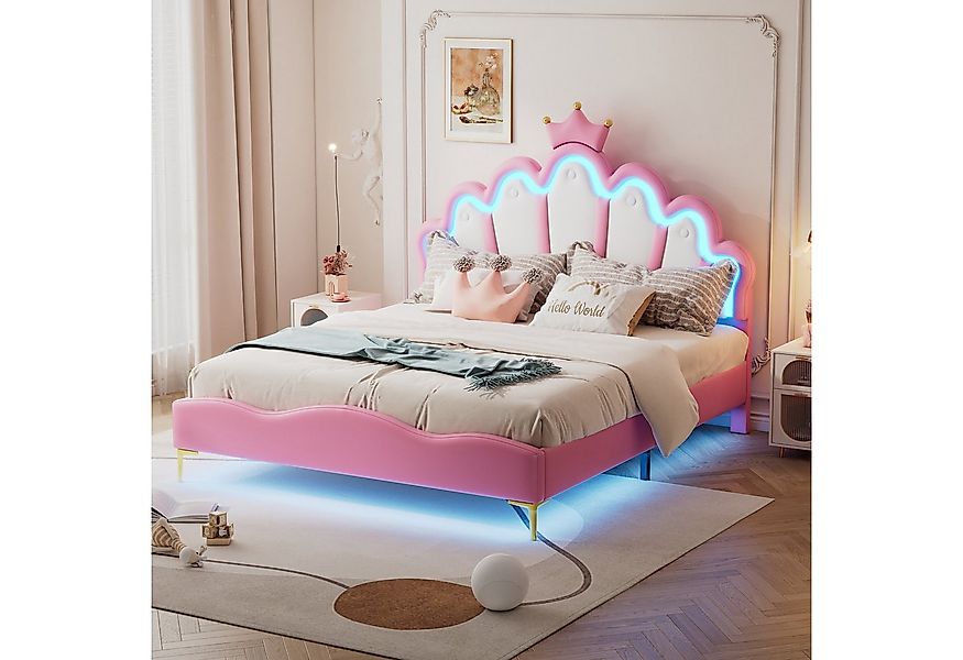 Flieks Polsterbett, LED Kinderbett Doppelbett mit krone-Form Prinzessinnenb günstig online kaufen