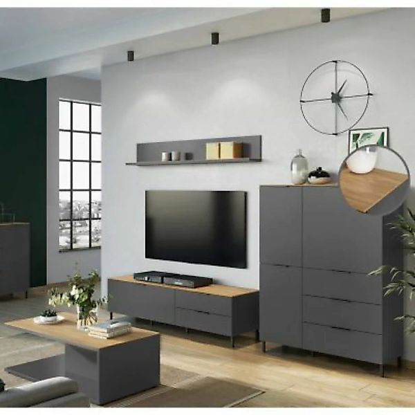 Lomadox Wohnwand Set mit Couchtisch RIOS-01 in graphit mit Navarra Eiche Nb günstig online kaufen