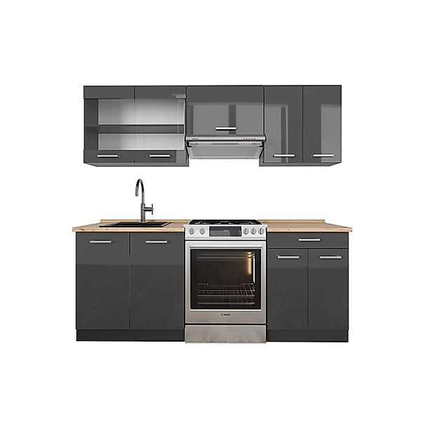Vicco R-Line Küchenzeile Anthrazit Hochglanz/Anthrazit 200 cm ohne Arbeitsp günstig online kaufen
