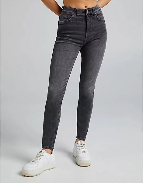 Bershka – Eng geschnittene Jeans mit hohem Bund in Grau günstig online kaufen