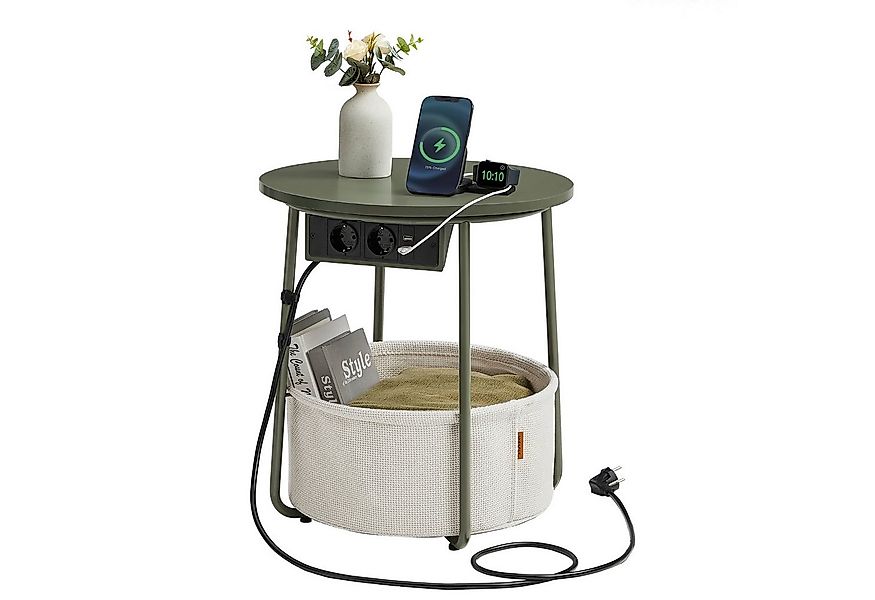 VASAGLE Beistelltisch, rund, mit Steckdose, USB-Anschlüsse, mit Korb aus St günstig online kaufen