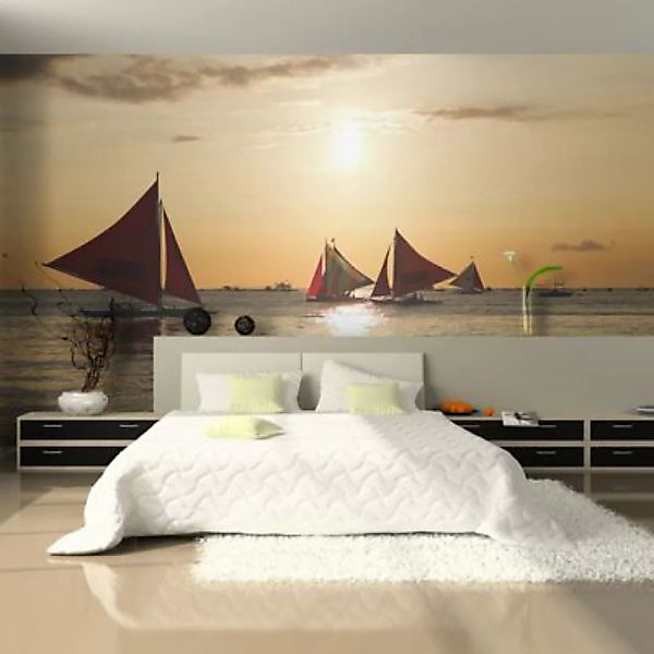 artgeist Fototapete Segelboote - Sonnenuntergang mehrfarbig Gr. 200 x 154 günstig online kaufen