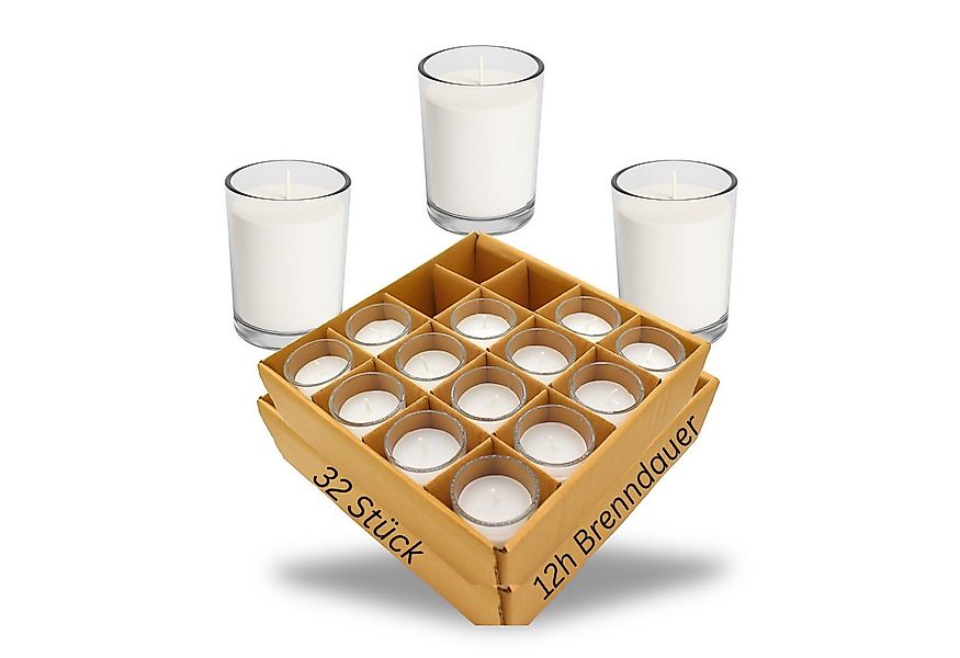 Candelo Teelicht Votivkerzen 32 Kerzen im Glas - Weiß - 12 Stunden Brenndau günstig online kaufen