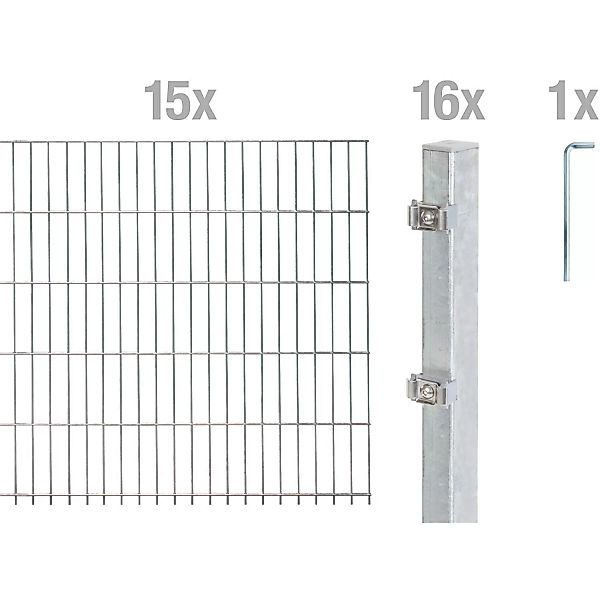 Metallzaun Grund-Set Doppelstabmatte feuerverzinkt 15 x 2 m x 1,6 m günstig online kaufen