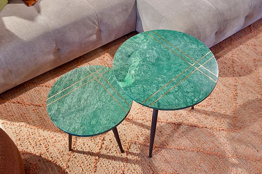 2er-Set runde Beistelltische Miamor mit grünen Marmorplatten günstig online kaufen
