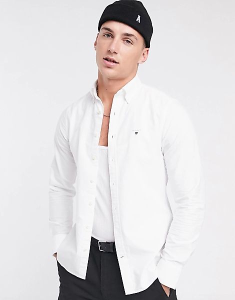 Gant – Icon – Schmales Oxford-Hemd mit Button-Down-Kragen und Logo in Weiß günstig online kaufen