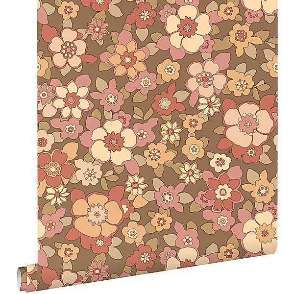 ESTAhome Tapete Retro Blumen Rot und Braun 50 x 900 cm günstig online kaufen