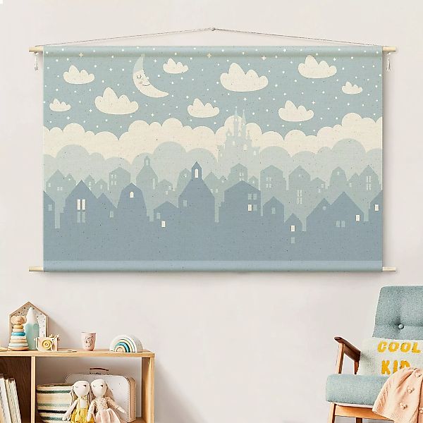 Wandteppich Sternenhimmel mit Häusern und Mond in blau günstig online kaufen