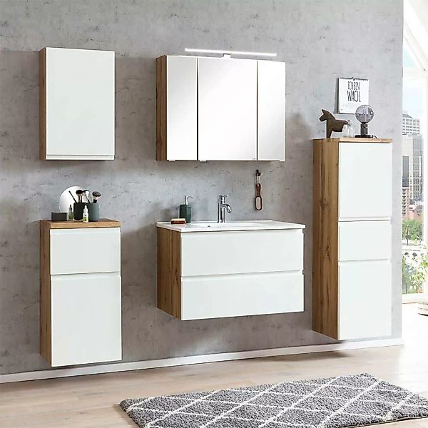 Waschplatz Set mit Spiegelschrank in Wildeichefarben Weiß (fünfteilig) günstig online kaufen