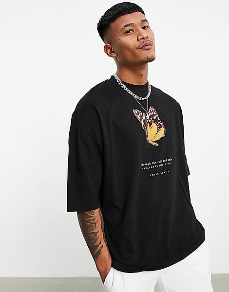 ASOS DESIGN – Oversize-T-Shirt in Schwarz aus Bio-Baumwolle mit Schmetterli günstig online kaufen
