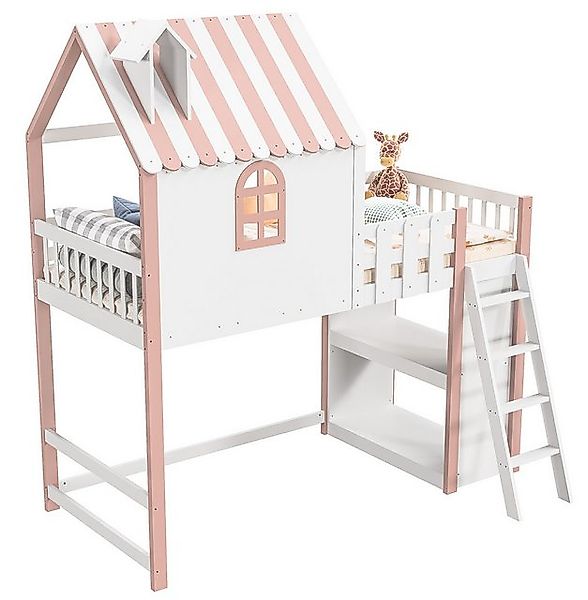 FUROKOY Kinderbett Hochbett Hausbett 90x200 cm mit Regal, Weiß & Rosa (205 günstig online kaufen