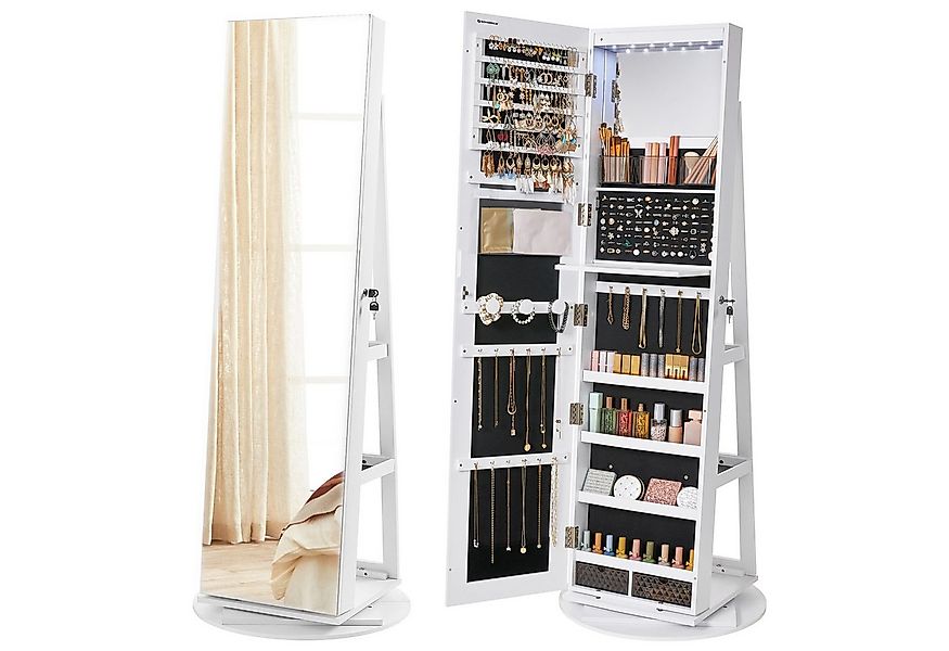SONGMICS Schmuckschrank mit LED und Spiegel, 3 Ablagen, 360° drehbar, weiß günstig online kaufen