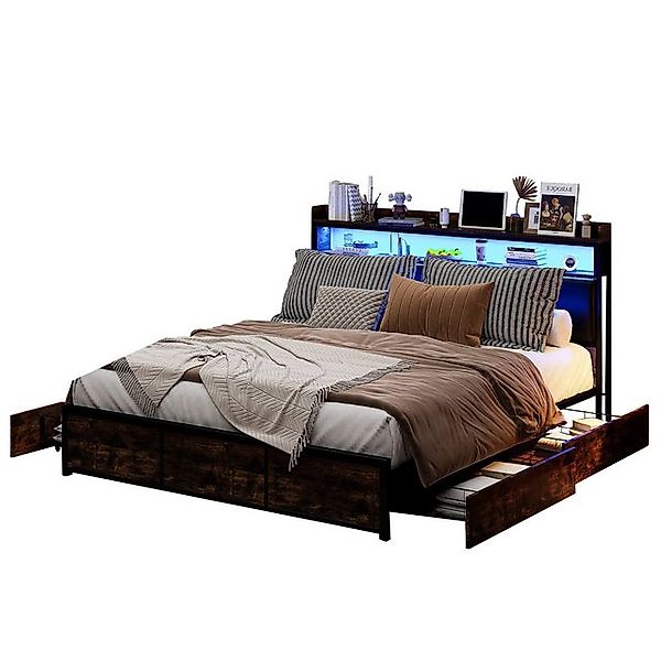 FUROKOY Metallbett Stauraumbett,Doppelbett mit LED-Beleuchtung Holzbett (Ma günstig online kaufen