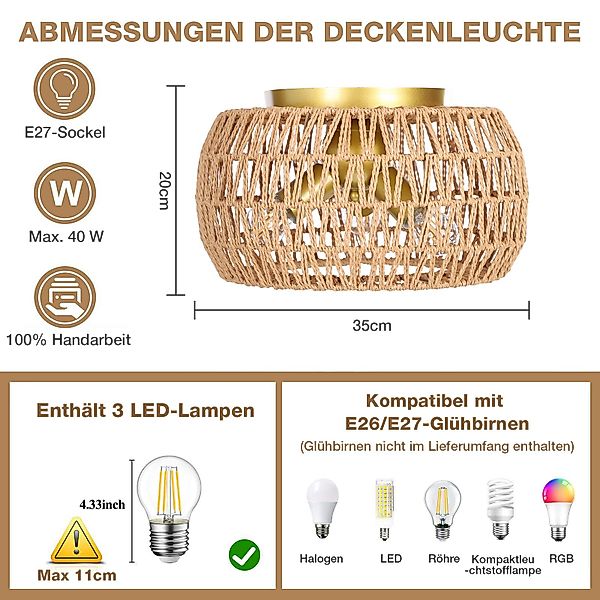 Jibenhome LED Deckenleuchte Rattan-Deckenleuchte 3-flammig, Hängend günstig online kaufen