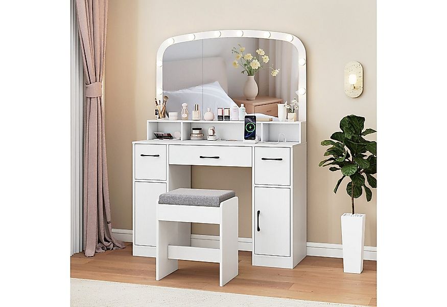 COSTWAY Schminktisch, Frisiertisch, mit Hocker, LED-Spiegel, Ladestation günstig online kaufen