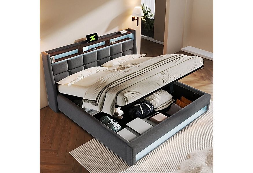 HAUSS SPOLE Polsterbett 180x200cm mit USB, LED Doppelbett mit Lattenrost, L günstig online kaufen